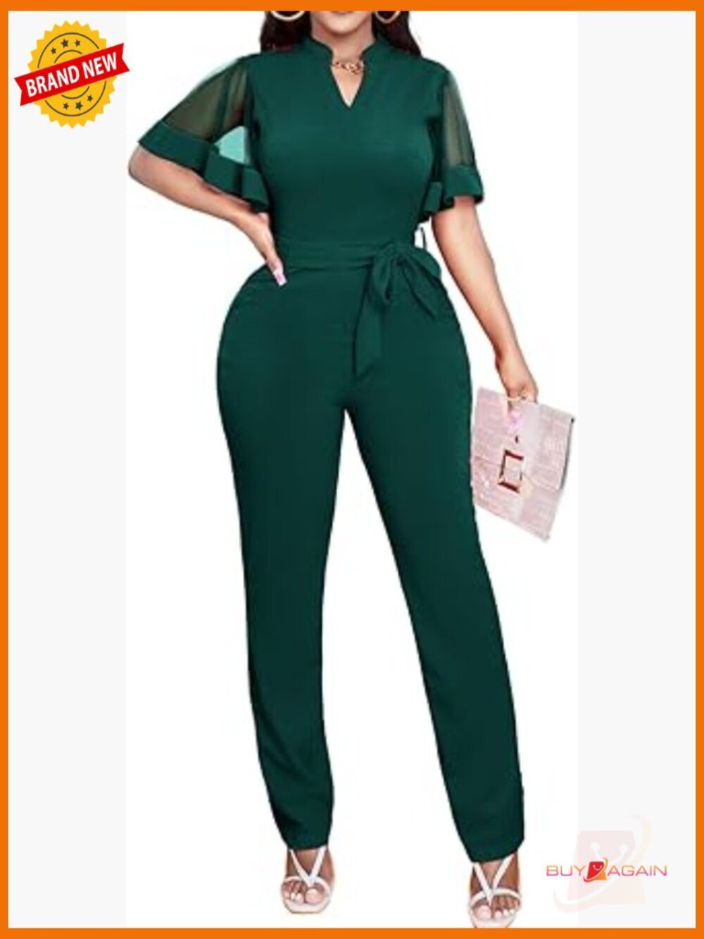 Women's V Neck Short Sleeve Mesh Ruffle Jumpsuit Romper with Belt